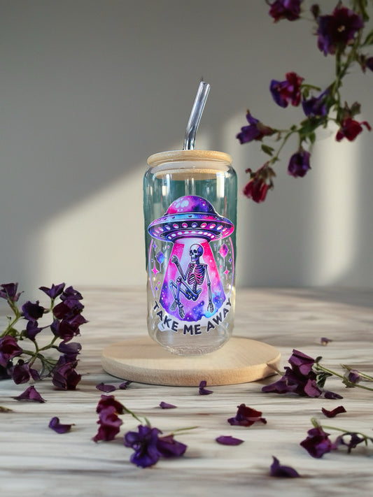 ‘Take Me Away’ 16oz Glass Cup Bamboo Lid And Glass Straw