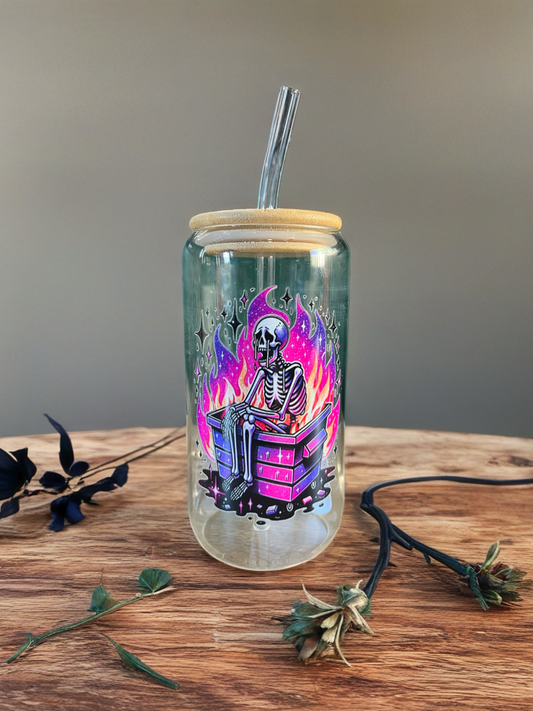 Skeleton Dumpster 16oz Glass Cup Bamboo Lid and Glass Straw