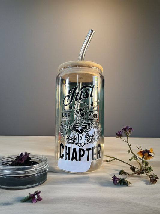 ‘Just One More Chapter’ 16oz Glass Cup Bamboo Lid and Glass Straw