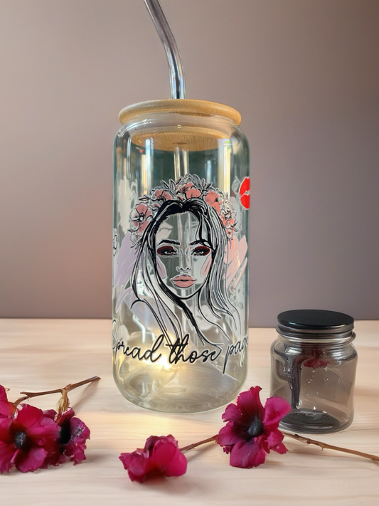 ‘Spread those Pages’ 16oz Glass Cup Bamboo Lid and Glass Straw