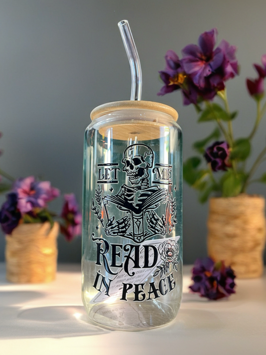 ‘Read In Peace’ 16oz Glass Cup Bamboo Lid and Glass Straw